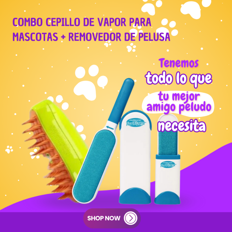 Combo cepillo vapor de mascotas + Removedor de pelusa